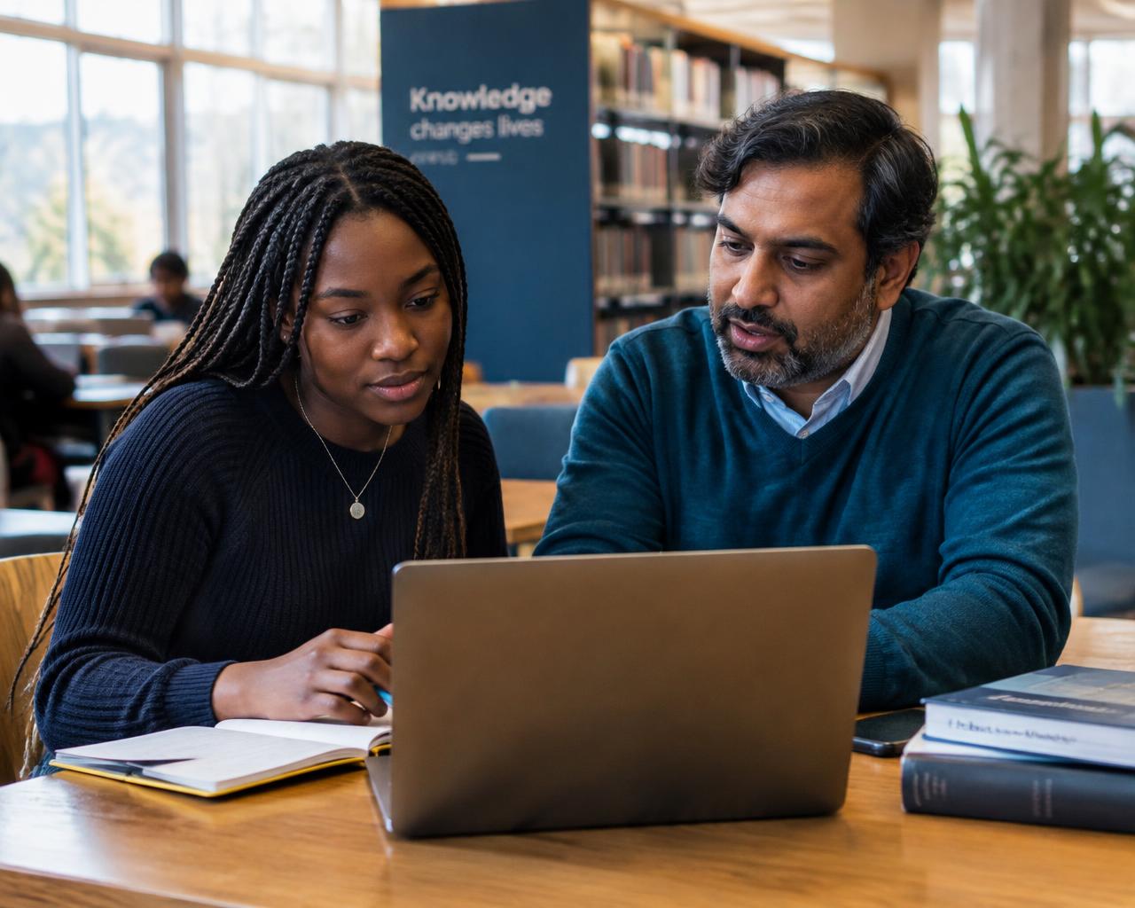 A student reviewing her work on a laptop with an academic tutor in a library